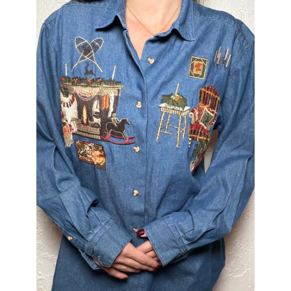 Vintage Cambridge Dry Goods Denim Shirt Embroidered Winter Scene XL